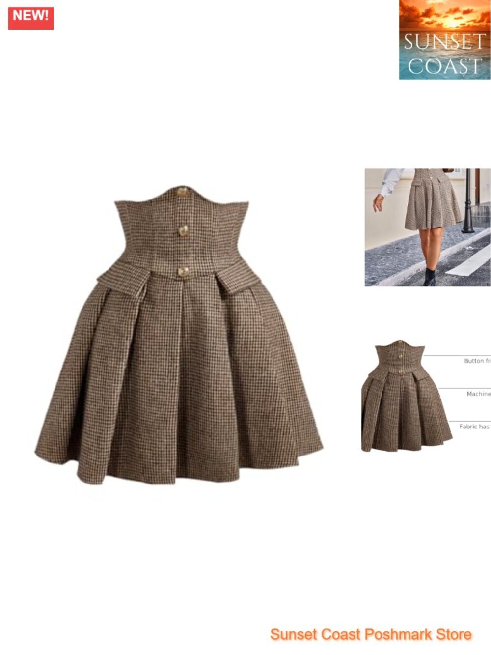 Plaid Mini Skirt Button Front Pleated A Line High Waist
